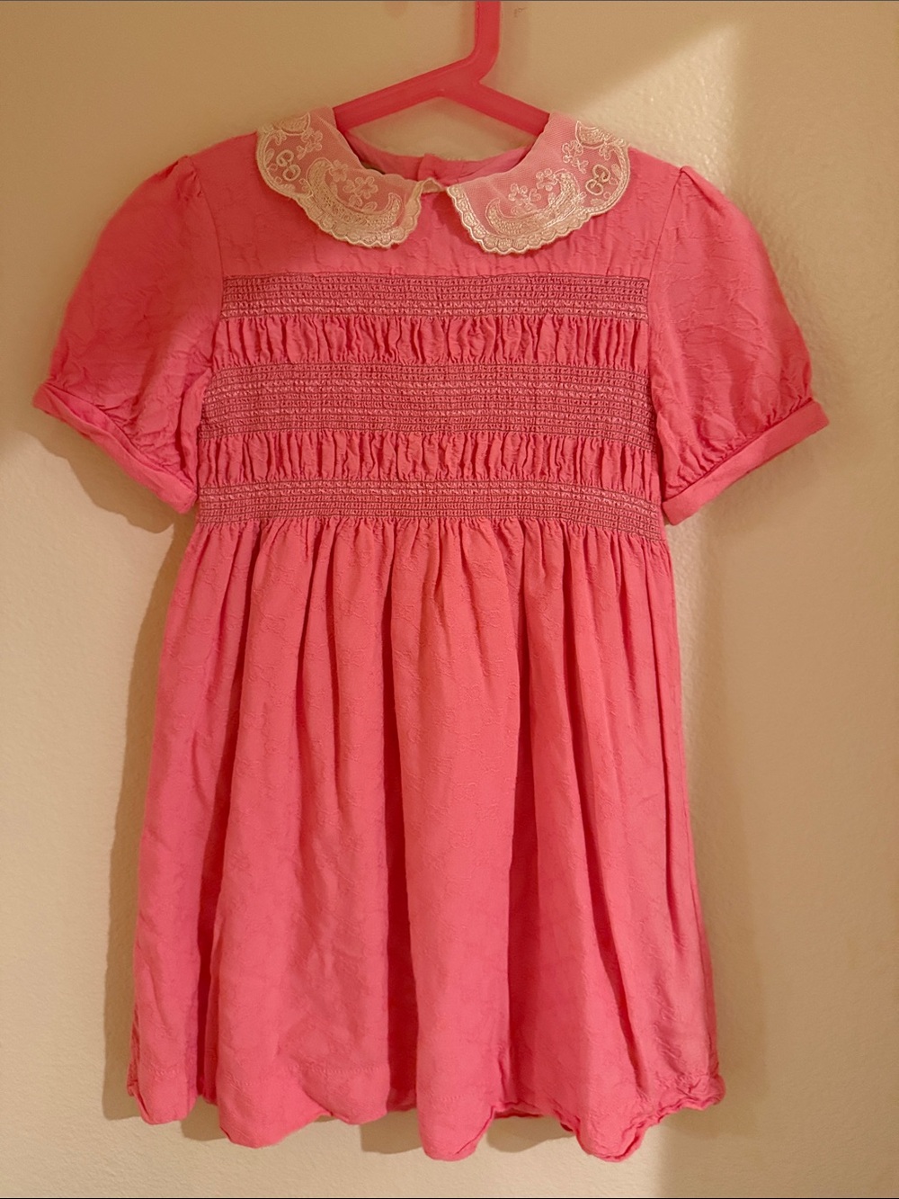 Gucci Pink Smocked Dress with Lace Peter Pan Collar
